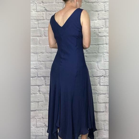 Ralph Lauren Blue Asymmetrical Hanky Hem V-Neck Silk Dress - Picture 3 of 10